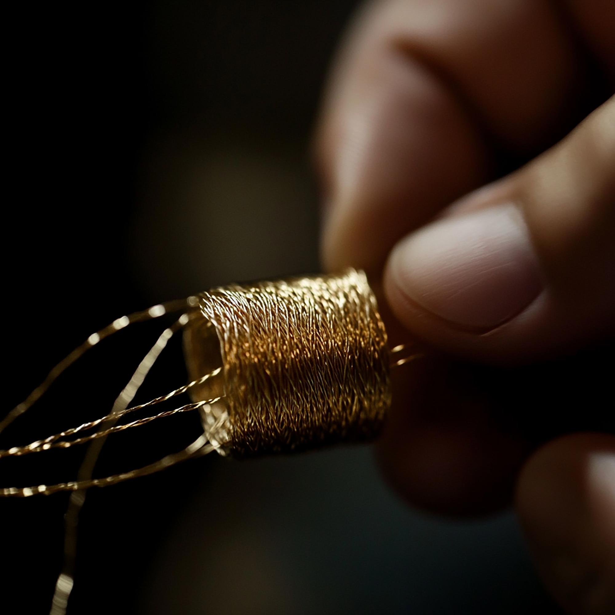 close up hands stitching gold thread on silk