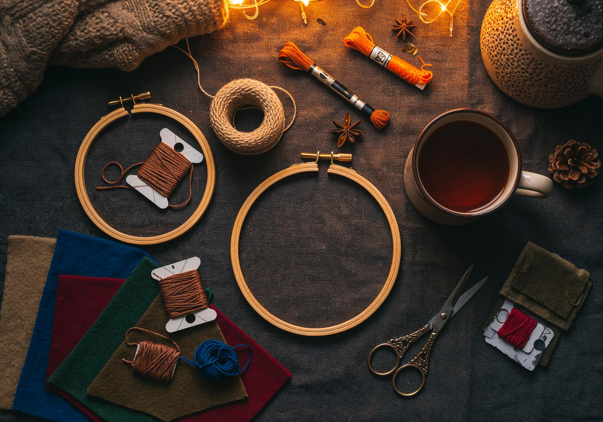 atelier table with luxurious embroidery tools and hoop